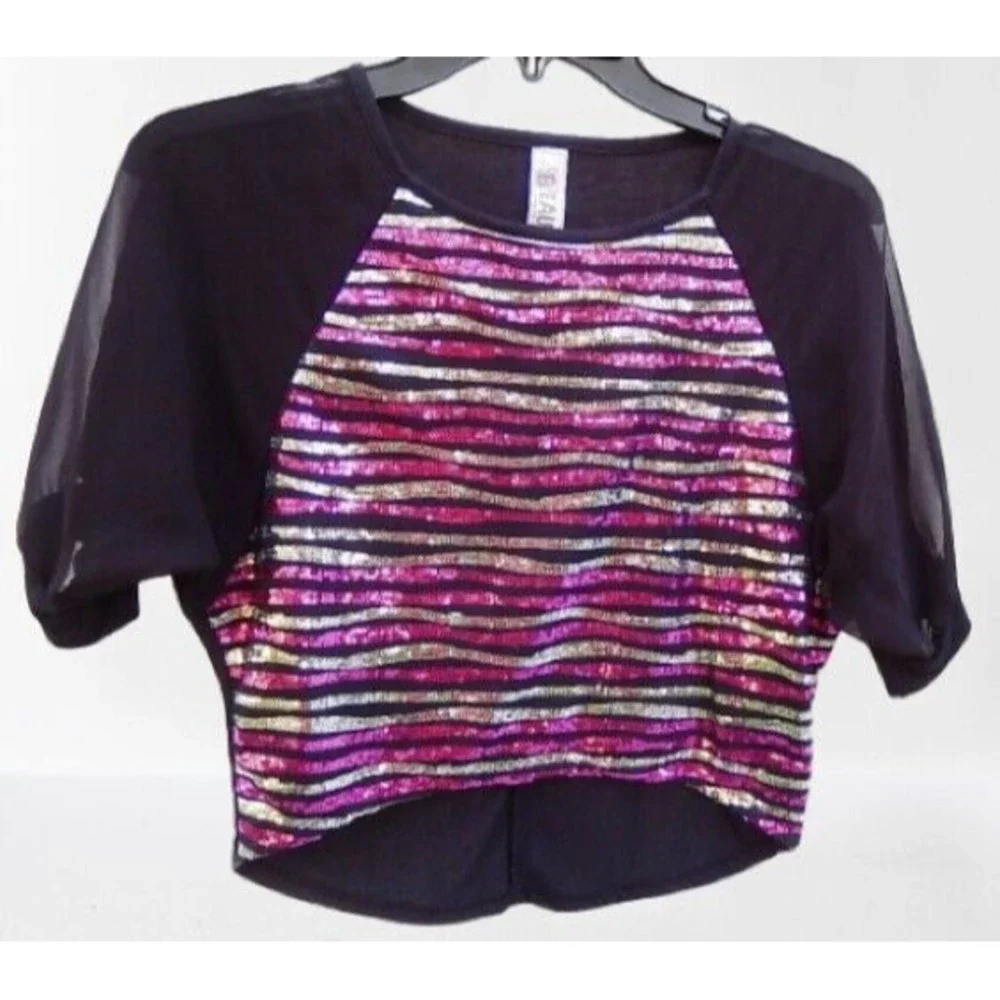 Beautees Girls T-Shirt Top Sz S 3/4 Sleeve High-Low Round Neck Relaxed Sequin - Picture 1 of 8